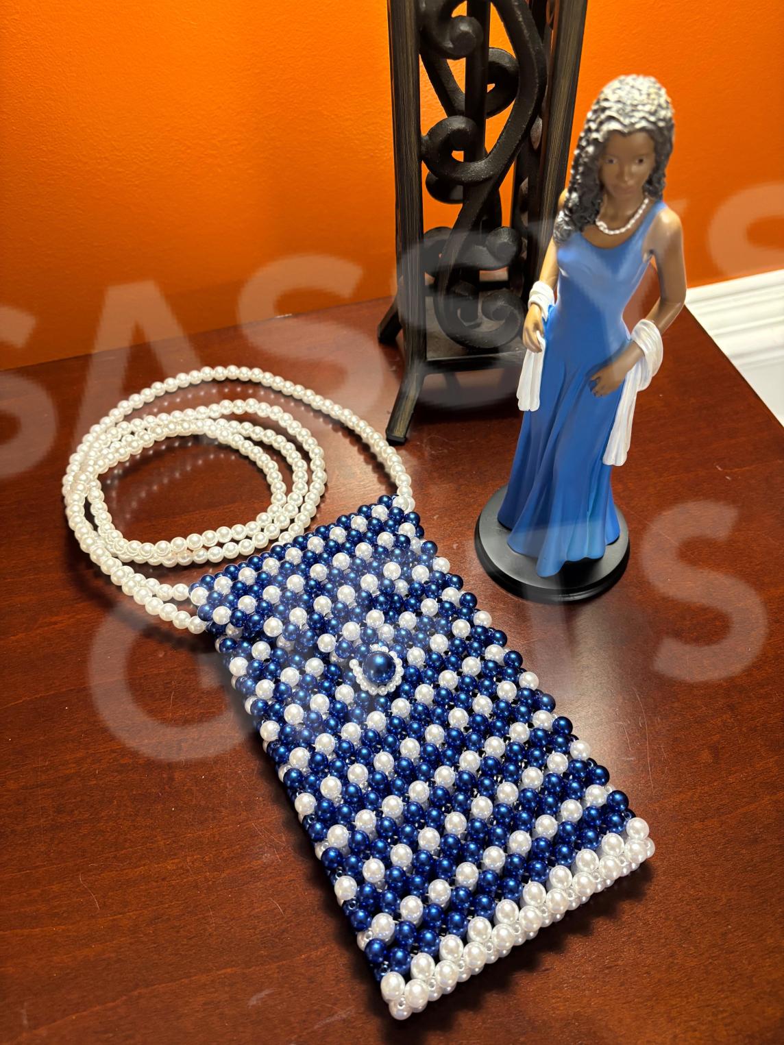 Royal Blue and White Pearls Cellphone Crossbody Bag